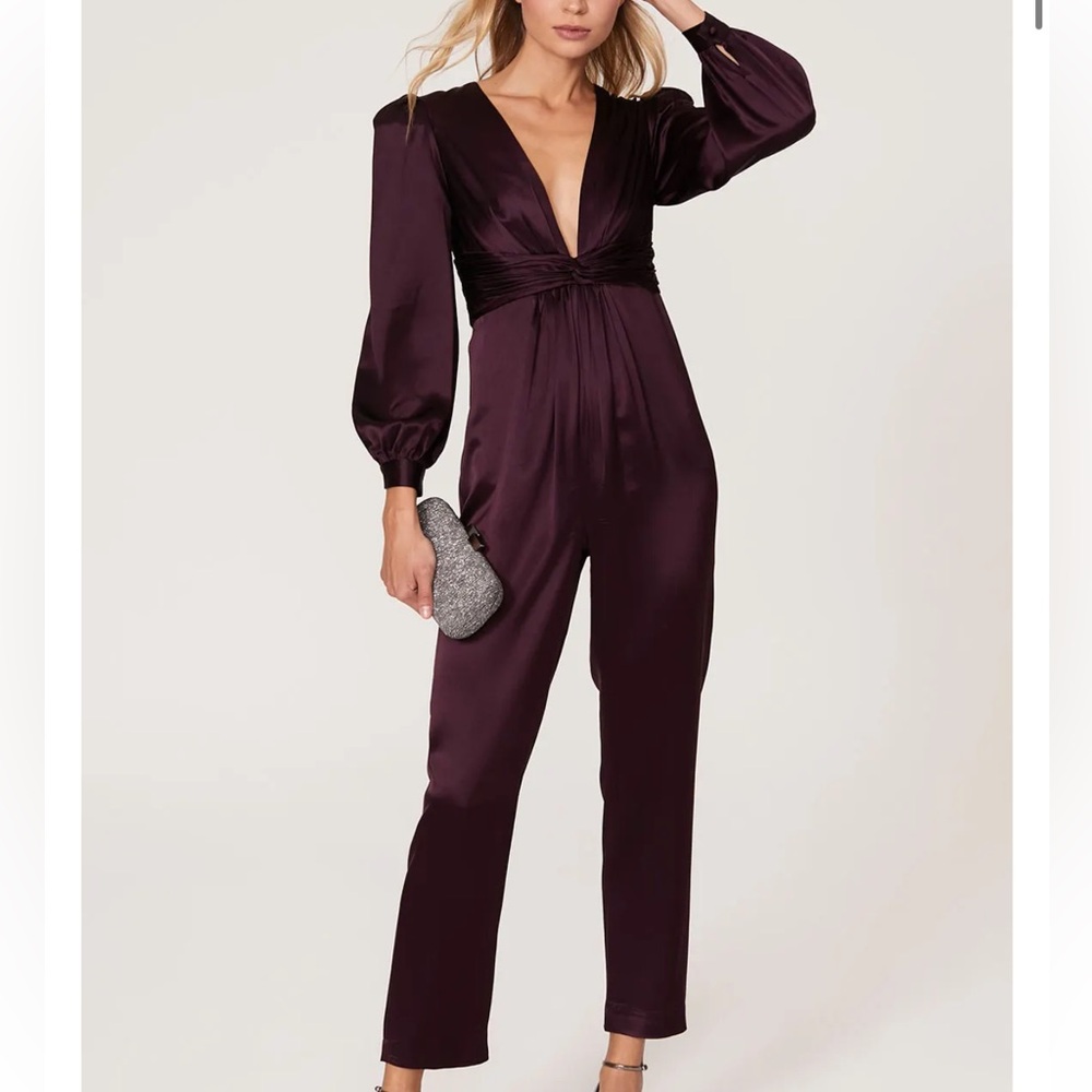 Ieena for Mac Duggal Plum Satin Jumpsuit Size 6 NWT Long Sleeve Formal NWT